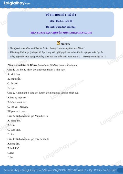 Đề thi học kì 1 Địa lí 10 Chân trời sáng tạo - Đề số 2